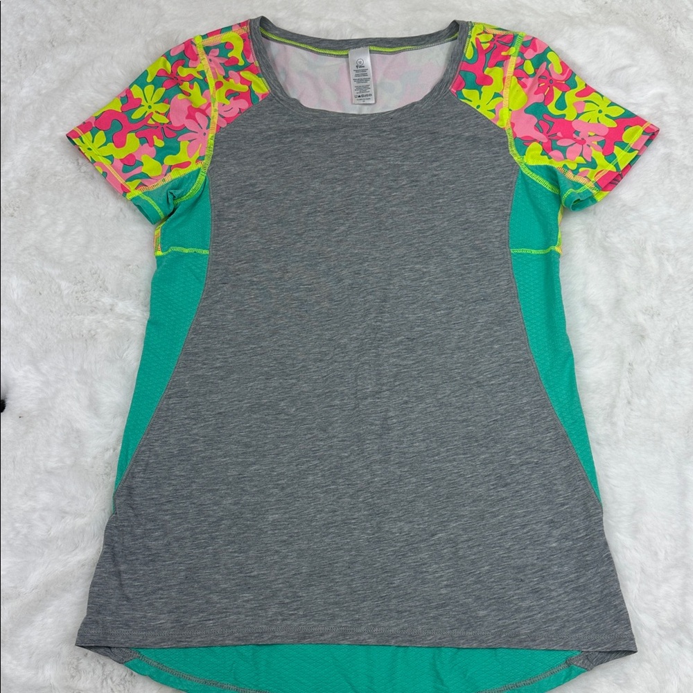 Lululemon Ivivva short sleeve gray heathered body floral sleeve sz 12